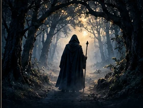 A solitary cloaked figure on a mysterious woodland path