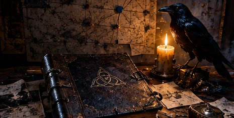 Raven beside a candlelit manuscript and mysterious symbols