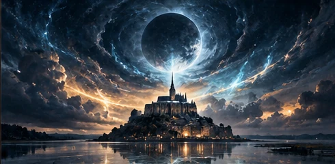Moonlit fortress rising above a misty sea